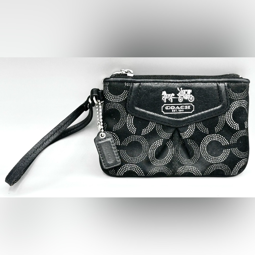 Coach MADISON Black Op Art Pleated Top Zip Jacquard and Leather Wristlet Clutch.